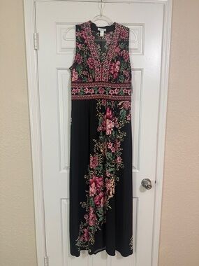 London Times Black Maxi Dress with Pink Floral Print
